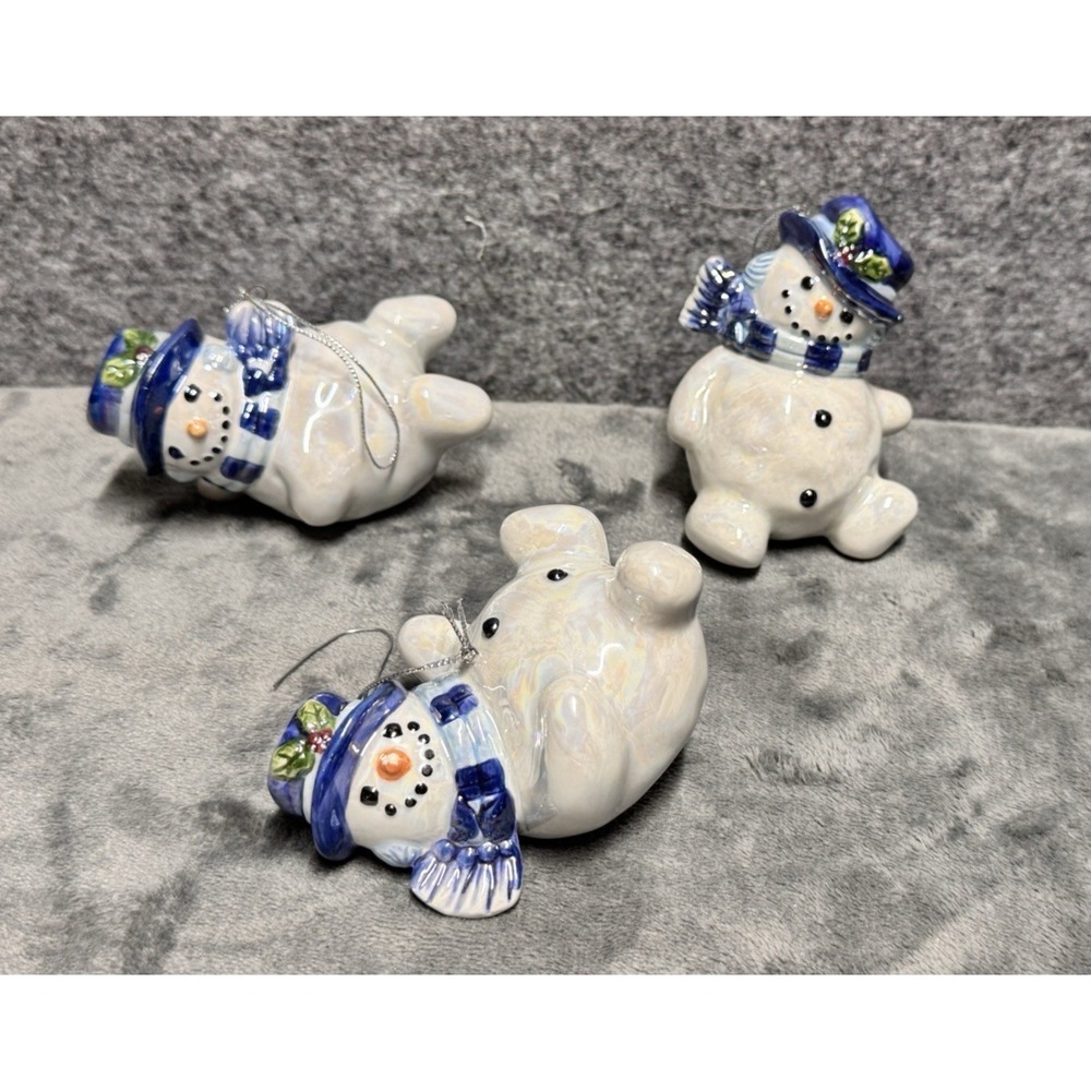 Snowman Ornaments Set of 3 Ceramic Hand painted Iridescent White w/ blue‎ Hat